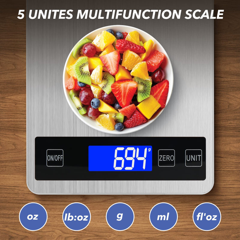 33lb Food Kitchen Digital Scale,1g/0.05oz Precise Graduation, USB Charging Kitchen Scale, Waterproof Stainless Steel with LCD Display, Ounces and Grams for Weight Loss, Cooking, Baking (Silvery) silvery