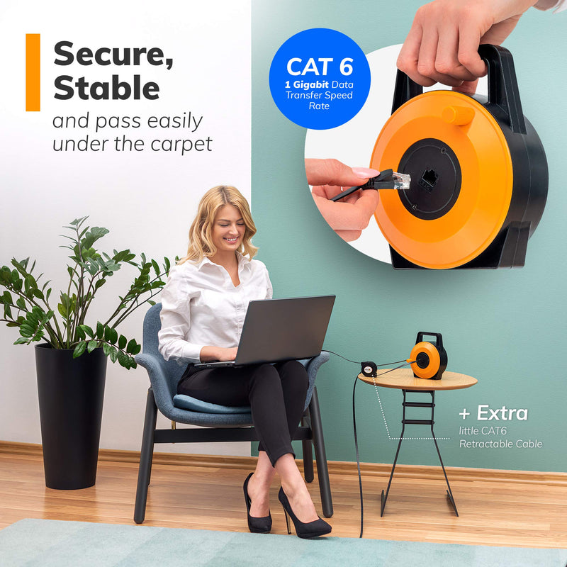 Retractable Network Cable Extender, 50 Feet CAT 6 Ethernet Cable Flat-Portable 1Gbps Data Speed-Swiftly Setup Temp Networks-Cascadable Male-Female RJ45 Connector-UTP Cable Reel Orange