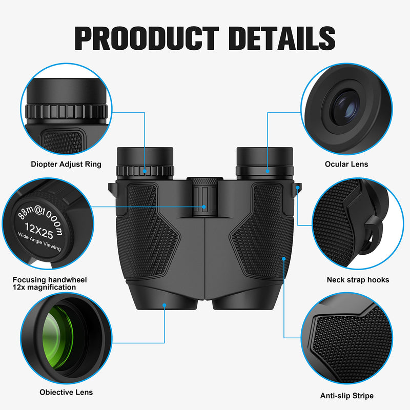 Binoculars 12x25 for Adults Night Vision Binoculars Compact Binoculars for Soccer Games Waterproof Binocular Wide Field of View for Sporting Events,Bird Watching,Hiking,Hunting,Concert Darkgrey