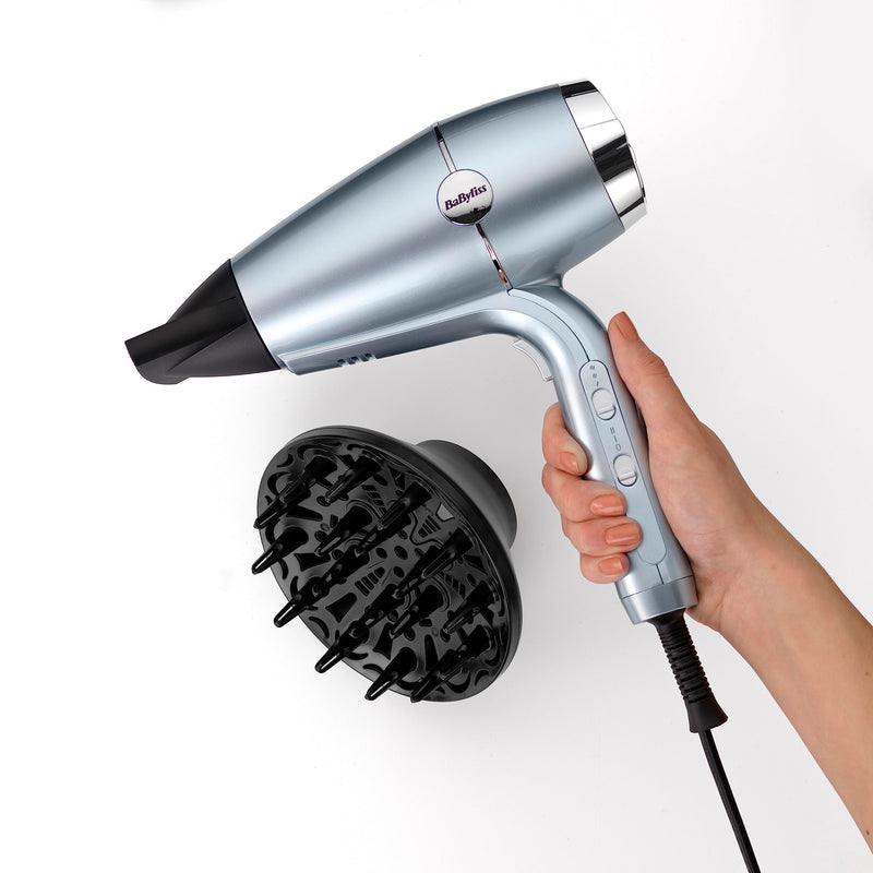 BaByliss Hydro-Fusion Hair Dryer with Diffuser - Professional 2100W Ionic Blow Dryer for Frizz-Free Styling, Plasma Technology for Shine, Lightweight Design, 3 Heat & 2 Speed Settings, Blue, 5573U Single