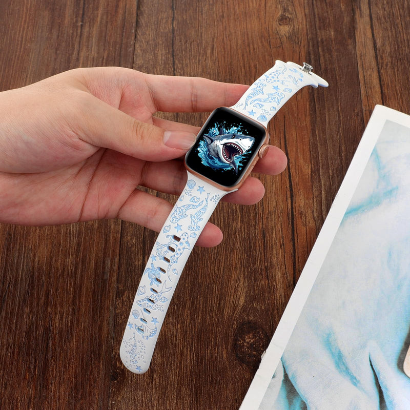 Engraved Shark Double Color Silicone Band Compatible with Apple Watch 38mm 40mm 41mm 42mm 44mm 45mm 46mm 49mm Cute Fancy Laser Sport Strap Compatible for iWatch Series SE Ultra 11 10 9 8 7 6 5 4 3 2 1 White/Blue 38mm/40mm/41mm/42mm(Series 11 10)