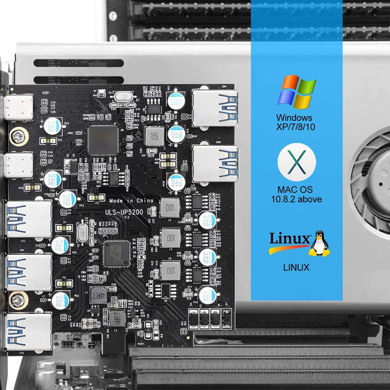 7-Port PCI-E to Type C (2), Type A (5) USB 3.0 Expansion Card with 2 Rear USB 3.0 Ports PCI Express Card Desktop for Windows Mac Pro