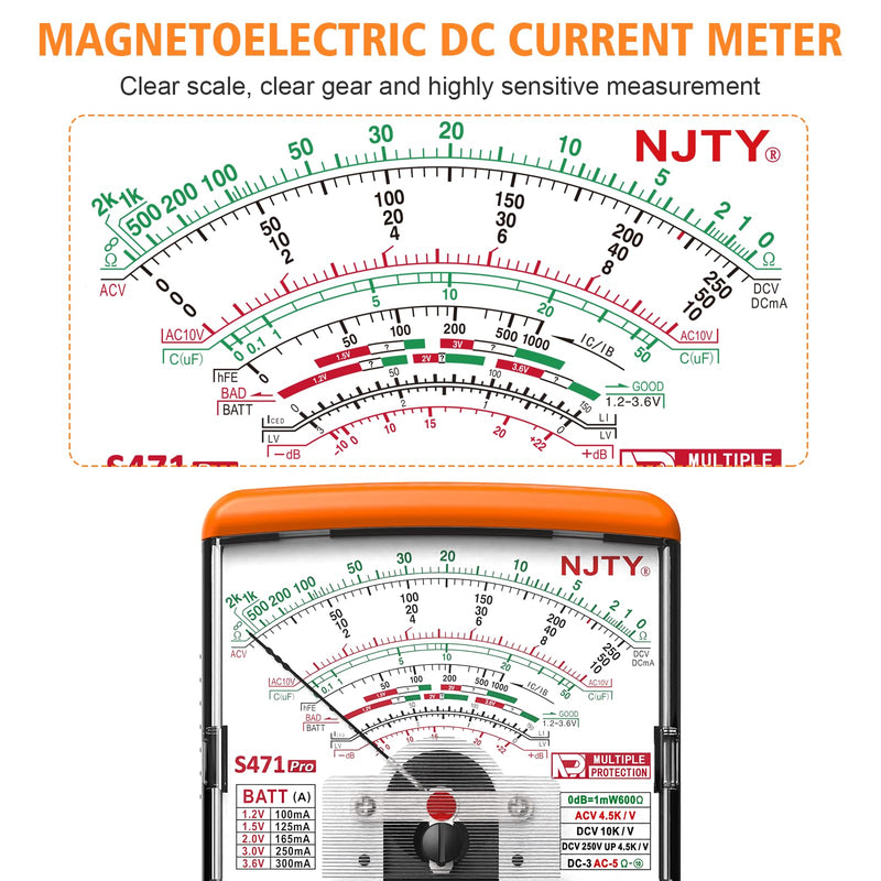 S471 Analog Pointer Multimeter, High Sensitivity Needle Meter for DC/AC Voltage Current Resistance Testing, Portable Battery and Load Tester with Built-in Fuses Analog - Pointer