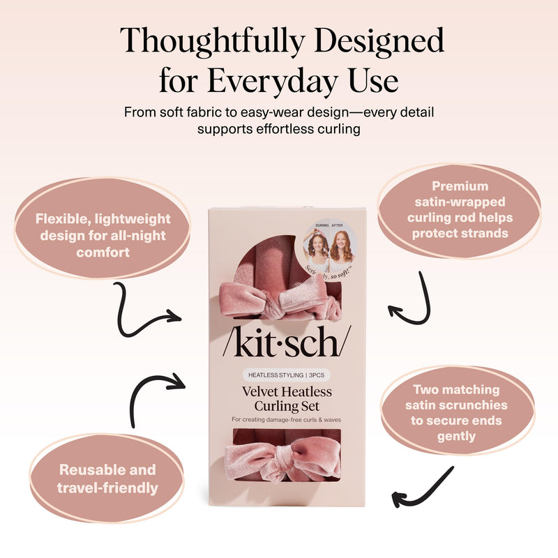 Kitsch Velvet Heatless Curls Overnight Set - Terracotta | No Heat Damage Overnight Curls | Comfortable Frizz Free Hair Curlers To Sleep In with 34" Hair Waver & 2 Satin Scrunchies 12 Terracotta 1 Count (Pack of 3)