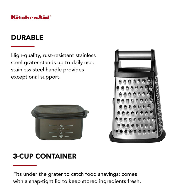 KitchenAid Gourmet 4-Sided Stainless Steel Box Grater for Fine, Medium and Coarse Grate, and Slicing, Detachable 3 Cup Storage Container and Measurment Markings, Dishwasher Safe, 10 inches tall, Black 10 Inch