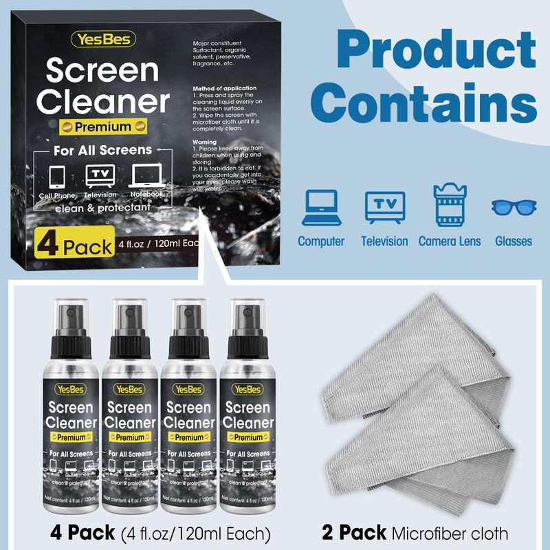 Screen Cleaner Spray 16oz (4oz x 4 Pack) - TV Screen Cleaner Spray and 2 Microfiber Cloths, Computer Screen Cleaner & Car Screen Cleaner for TV, Monitor, Laptop, MacBook, iPad and Electronic Devices