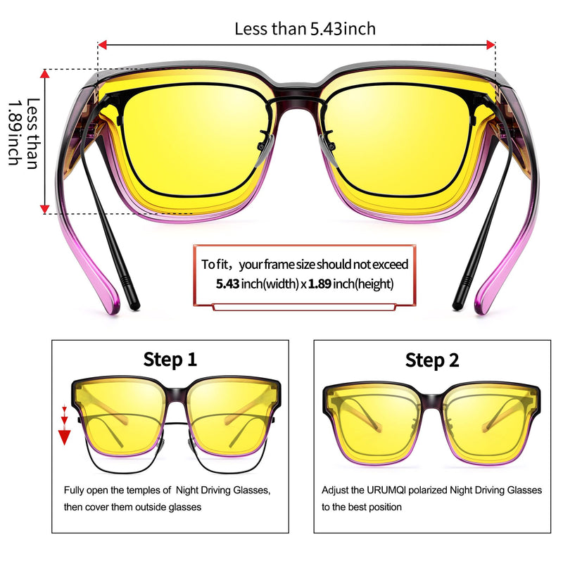 Oversized Polarized Night Driving Glasses Fit Over Glasses Unisex | Oversized Polarized Night Vision Lenses, Anti Glare Yellow Fit Over Prescription Glasses, Ideal for Night Driving B05 Gradient Purple Frame/Night Vision Lens