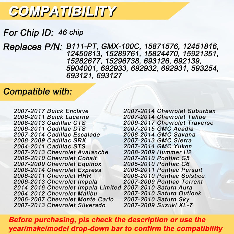 Vurkcy 46 Chip Transponder Ignition Car Key, B111-PT 15871576 Circle + Replacement for Buick Cadillac Chevy GMC Hummer Pontiac Saturn, New Uncut, 2Pcs