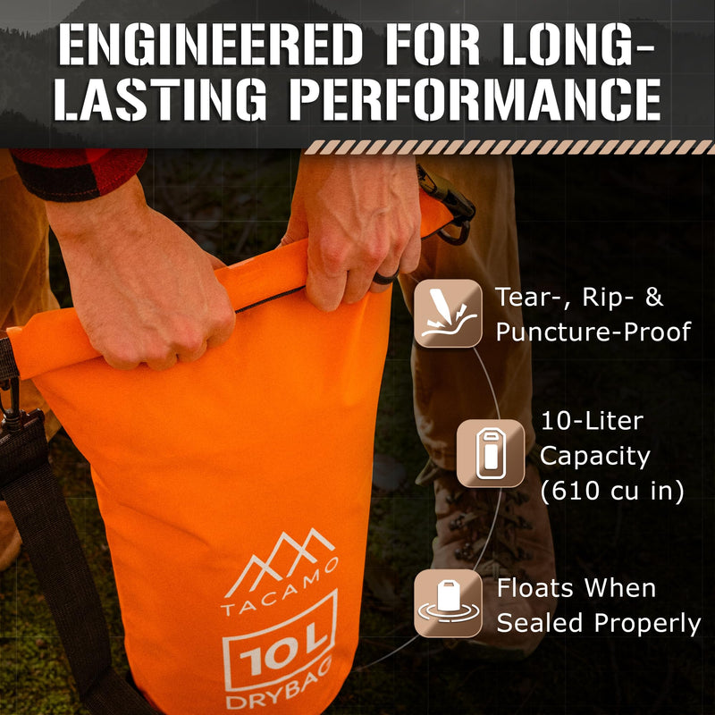 TACAMO® 10L Dry Bag Waterproof Backpack for Camping Gear, Waterproof Bag for Canoeing or Backpacking - Roll Top, Small, Watertight, Floating Dry Sack for Kayak Accessories, Travel Bag for Hiking Safety-Orange 10 Liter