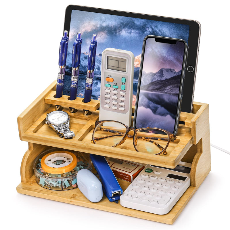 Yopay Nightstand Organizer for Men, Luxury Bamboo Phone Docking Station for Dad Husband, Charging Organizer Cell Phone Stand Tablet Stand for Boyfriend Graduation Office Father's Day