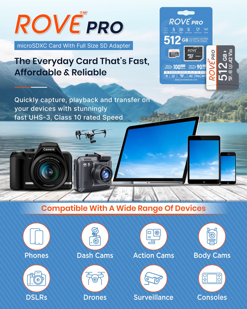 ROVE PRO Micro SD Card microSDXC 512GB Memory Card with Full-Size SD Adapter 100MB/s Read Speed, C10, U3, V30, 4K, A2 for Dash Cam, Android Smart Phones, Tablets, Games