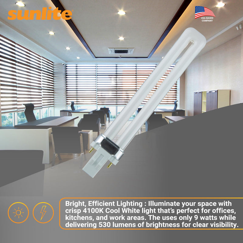 Sunlite PL9/SP41K/10PK 2-Pin Fluorescent 9W 4100K Cool White U Shaped PL CFL Twin Tube Plugin Light Bulbs with G23 Base (10 Pack) 10 Pack 4100k - Cool White