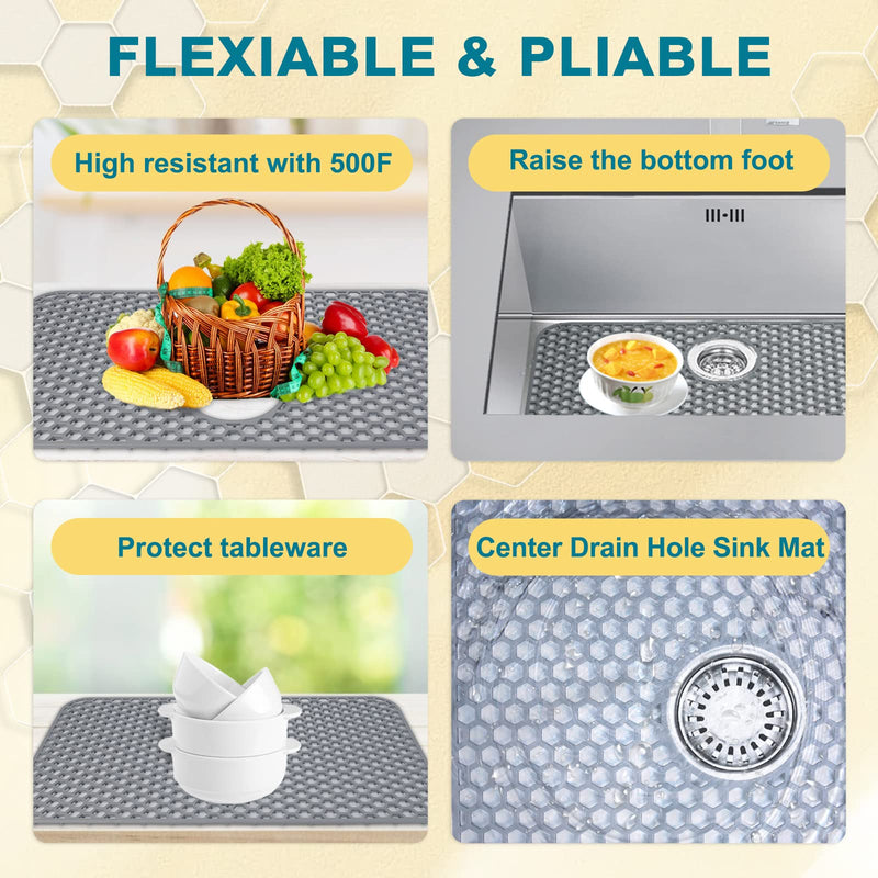Bestjing Silicone Sink Protectors for Kitchen Sink with Rear Drain - 26"x 14" Kitchen Protector Accessory, Non-Slip Heat Resistant Grid Mat for Bottom of Farmhous Peorcelain Stainless Steel(Rear Hole) 26" x 14" Rear Drain Gray(1 Pack)