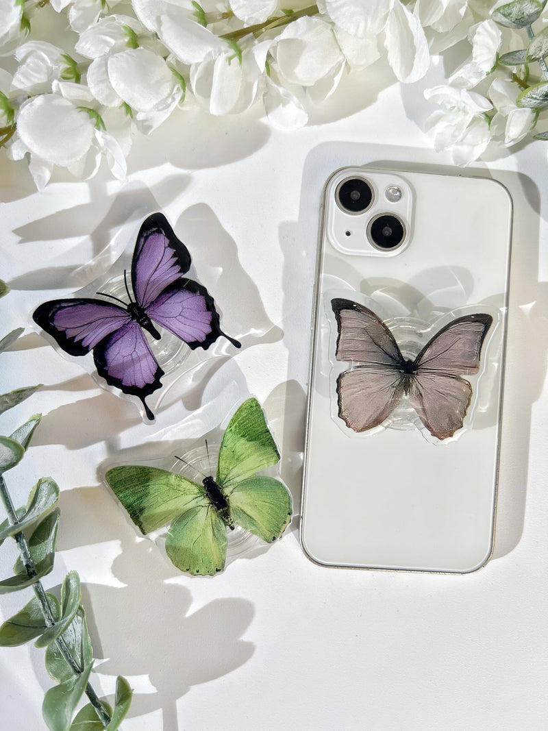 Butterfly Sticky Mobile Phone Grip, Clear Cell Phone Stand, Expanding Cell Phone Charms Accessory, Interchangeable Finger Kickstand, Collapsible Handle Grip Holder for Kindle Gray