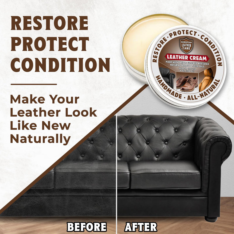 European Leather Care 8 oz Cream Leather Cleaner and Conditioner All Natural Leather Boots Leather Maintenance Cream Leather Conditioner Shoe Polish, Leather Couch, Furniture, Purses, Car, Saddle USA 8 Ounce