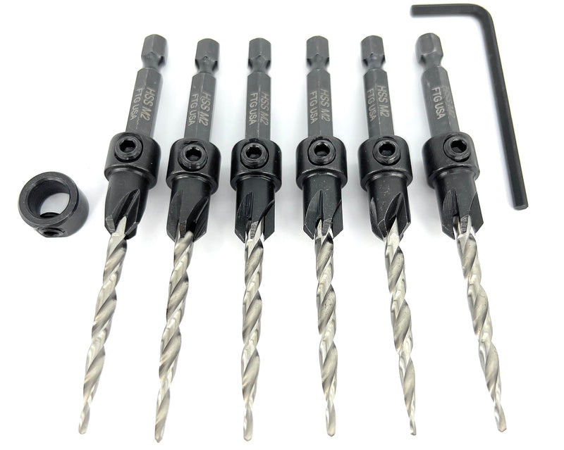 FTG USA 6 Pc #8 (11/64") Countersink Drill Bit Set with Tapered Drill Bits | 6 counter sink drill bit for wood, all same size. Includes 1 depth stop 3/8", 1 hex key; pre-drill woodworking boring tool Same Sort 6 Pc