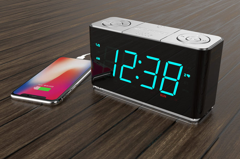 Emerson Smartset Alarm Clock Radio with Bluetooth Speaker with USB Port for iPhone/iPad/iPod/Android and Tablets, 1.4" Cyan LED Display and Night Light, ER100301