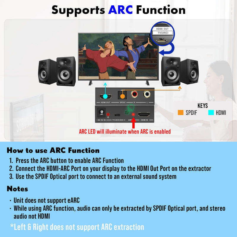 J-Tech Digital HDMI Audio Extractor 4K 60Hz & ARC Support, HDMI to RCA Optical Compatible with Dolby Digital DTS Stereo for Laptop Blu-Ray Gaming Consoles (JTECH-AE4KA) 4K 60Hz Audio ARC Extractor