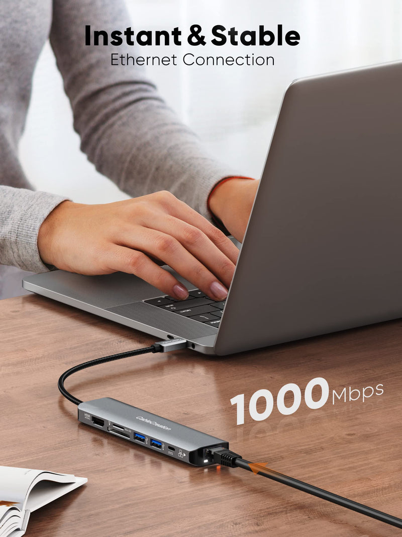 USB C Hub 4K 60Hz, CableCreation 7-in-1 USB-C Hub Multiport Adapter with 1Gbps Ethernet, HDMI, 2 USB 3.0 Ports, 100W PD and SD/TF Cards Reader, Compatible with Steam Deck MacBook Pro/Air, iPad Pro 4K/60Hz 7 in 1