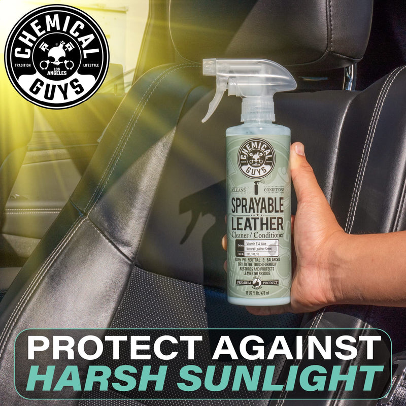 Chemical Guys SPI_103_16 Sprayable Leather Cleaner and Conditioner in One for Car Interiors, Apparel, and More (Works on Natural, Synthetic, Pleather, Faux Leather and More) Leather Scent, 16 fl oz 16 Fl Oz (Pack of 1)