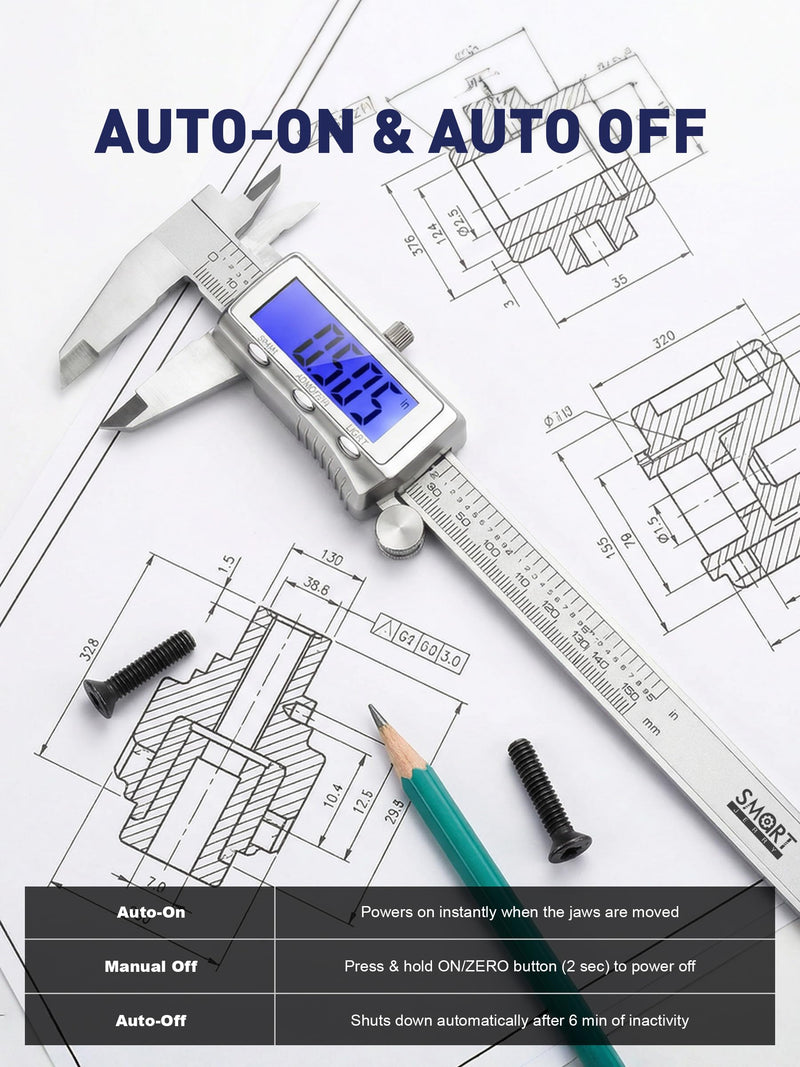 6'' Rechargeable Digital Caliper, All Metal & Long Lasting Design | Digital Vernier Caliper Measuring Tool with 0.001'' Accuracy, LCD Backlight Screen, Fast Type-C Charging & Auto-Off Design