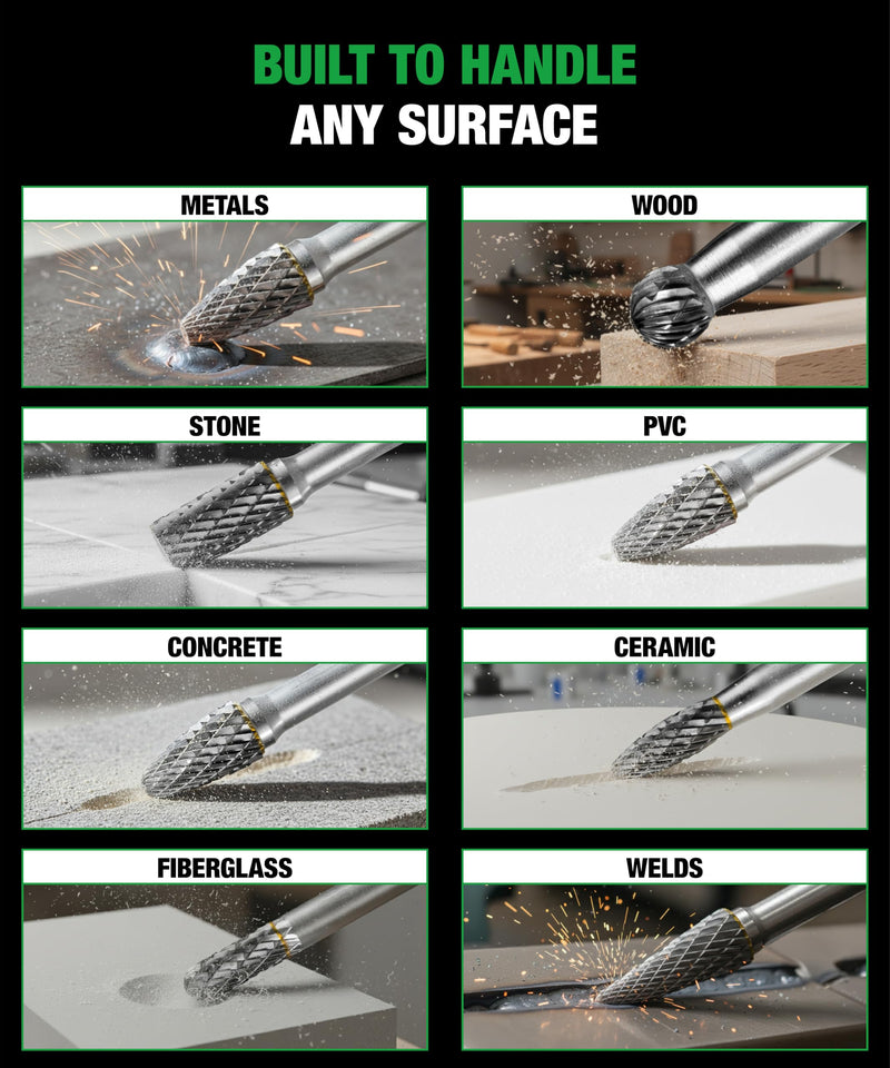 5Pcs Carbide Burr Set 1/4 Shank w/Clear Box Head Dia 8mm Die Grinder Bits Rotary Tools Attachment Kit Rasp File Accessories Metal Wood Stone Steel Grinding Deburring Cutting Porting Carving 5 pcs