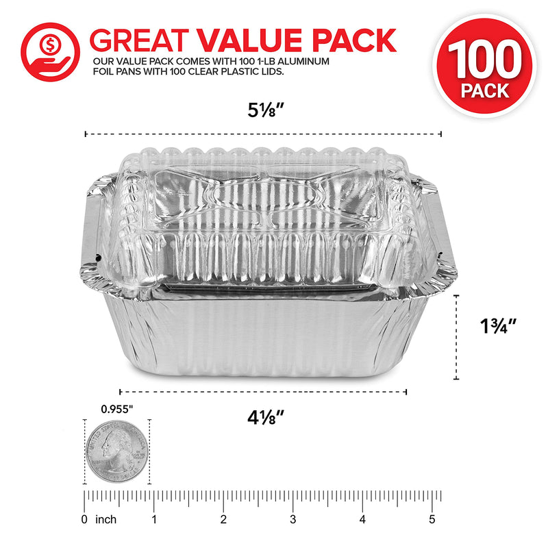 Stock Your Home 1 lb Small Aluminum Pans with Clear Plastic Lids (100 Pack), Disposable Cookware & Takeout Trays for Restaurants & Catering 100 Pack