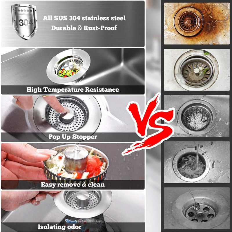Upgraded 3 in 1 Kitchen Sink Drain Strainer Stopper, Brushed Stainless Steel SUS 304 Pop Up Sink Drain Stopper for Standard 3-1/2 Inch Drain Anti-Clogging Odor Prevention SUS304Drain+SUS304Strainer-2Pack