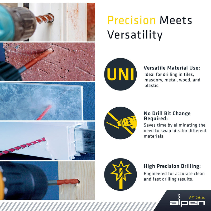 ALPEN 5-Piece Multi-Material Drill Bit Set – Tungsten Carbide Multicut, Drills Tile, Masonry, Metal, Wood & Plastic with One Bit – No Bit Changes – Austrian Engineering 5 PCS Set Cylindrical Shank