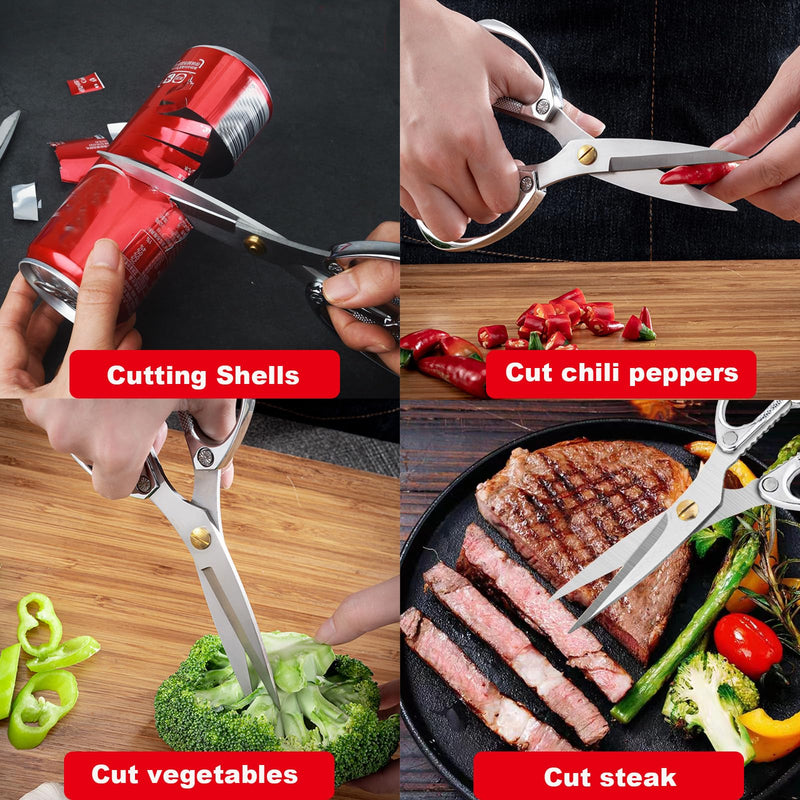 2 Pack Kitchen Shears,Heavy Duty Stainless Steel All-Purpose Poultry Meat Scissors for Cooking-Dishwasher Safe Silver+silver