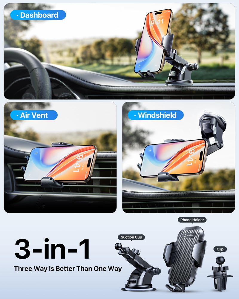 andobil Military-Grade Phone Holders for Your Car 【89+ LBS Strongest Suction & Metal Clip】 2026 Ultimate Car Phone Holder, Dashboard Windshield Vent Cell Phone Car Mount for iPhone Sumsung Android Black