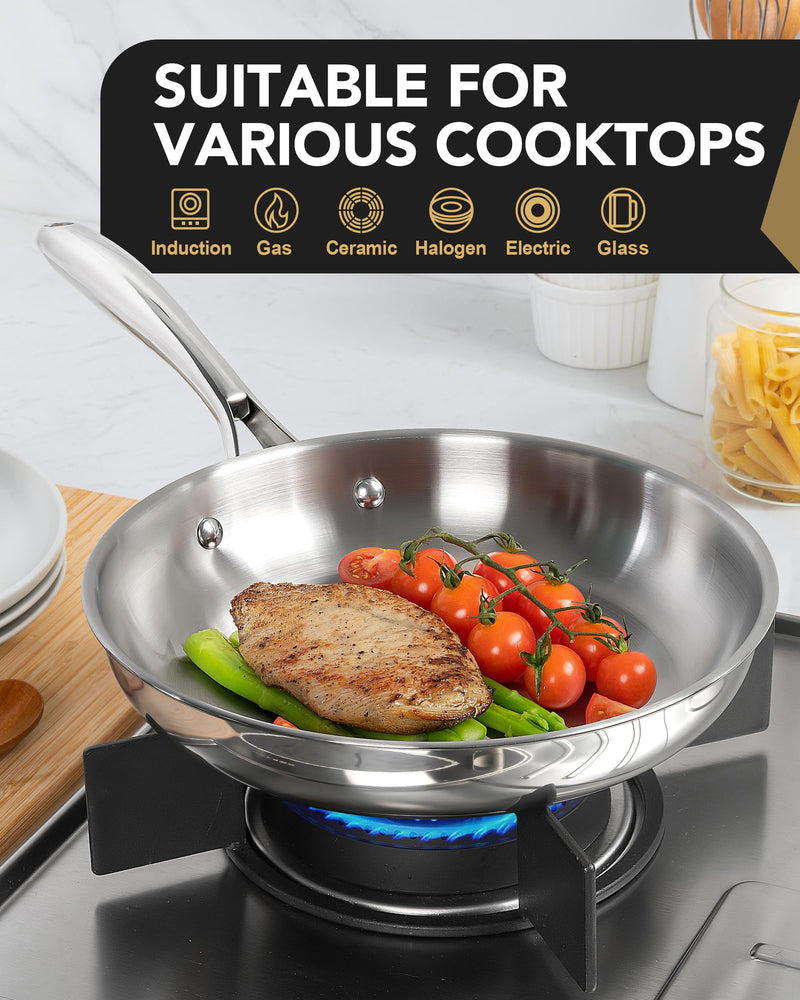 MICHELANGELO Stainless Steel 8 inch Frying Pan, Small Skillet with Triply Base, Stainless Steel Pan with Ergonomic Handle, Induction Compatible Silver 8-Inch w/o Lid