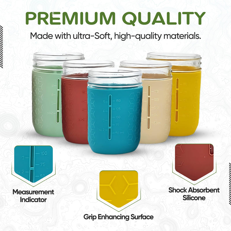 Silicone Mason Jar Sleeves | Anti-Slip Protectors for 8 oz Regular Mouth Ball & Kerr Jelly Canning Jars | Kids Cup Holders with Measurement Markings | Dishwasher Safe Jar Jackets - 5 Pack Gender Neutral Combo