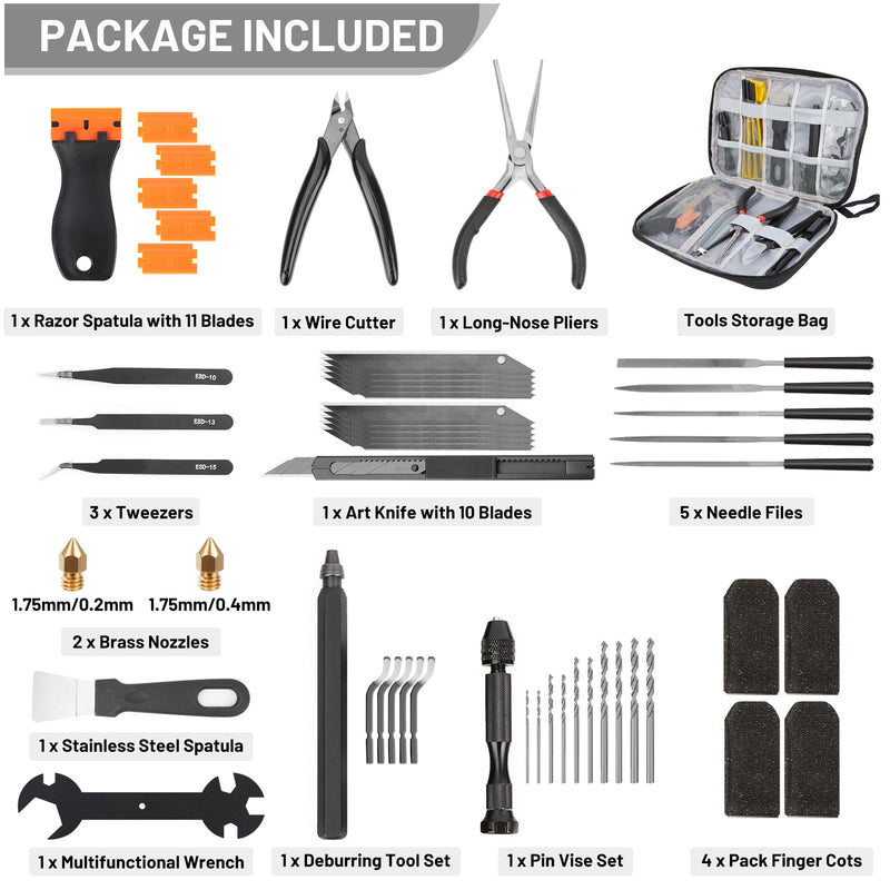3D Printing Tool Set, 58Pcs 3D Printer Accessories with Deburring Tools, Removal Scrapers, Blades, Pliers, Wrenches, Brushes, Suitable for 3D Printed Finishing, Deburring and Cleaning