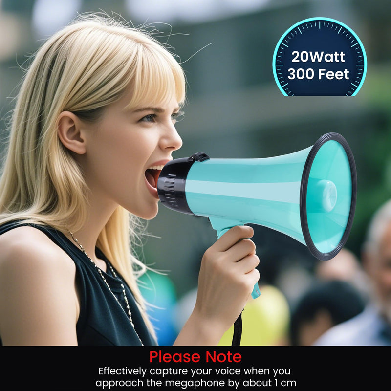 MyMealivos 20W Megaphone Bullhorn, Built in Siren & 240s Recording, 5.4"×8.6" Portable Megaphone with Volume Control Cover Up to 300 feet+ for Indoor and Outdoor Activities A Teal