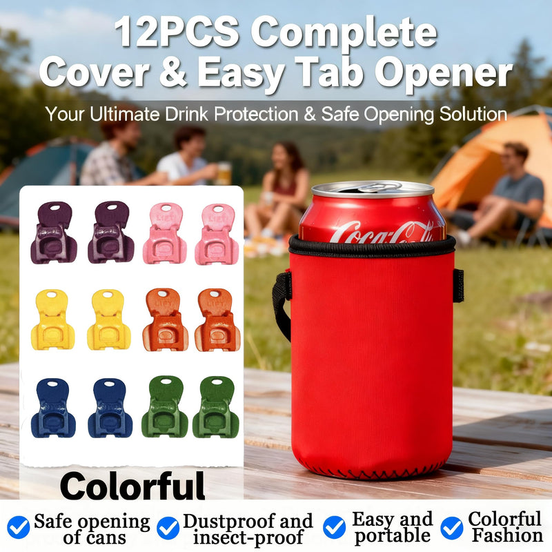 12PCS Complete Cover Easy Tab Opener & Colorful Drink Protector Cap – Fits Soda, Coke, Beer & Aluminum Beverages