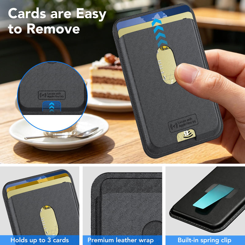 IKT for Magsafe Wallet, Work with Apple Find My Tracking, Strongest Magnetic Leather Card Holder Wallet for iPhone 17/16/15/14/13/12 Pro Max Air Plus, Wireless Charging, 3-Cards RFID Holder, Black Elegant Black