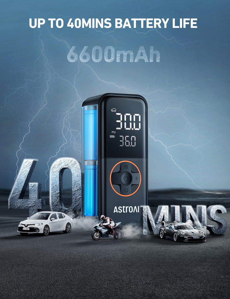 AstroAI L4 Tire Inflator Portable Air Compressor, 150PSI Portable Air Pump for Car Tires with Pressure Gauge LED Light, Electric Air Pump Quick Inflation for Cars, Motorcycles, Bikes, Tires, Balls Orange