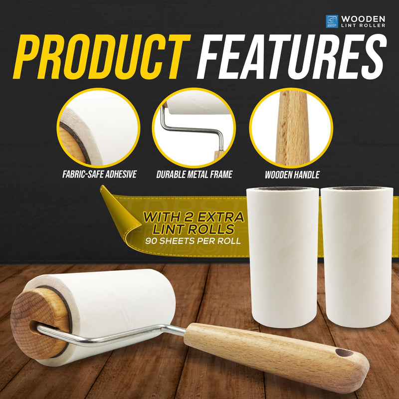 Wooden Lint Roller with 3 Reusable Hair Rollers Lint Remover for Cat and Dog Hair - Smooth Wooden Handle, More Sheets per Sticky Rolls, Perfect for Upholstery, Carpet, and Clothes