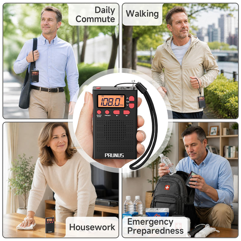 PRUNUS J-125 Pocket AM FM Radio Portable Mini Radio with Stereo Earphone | Battery Operated Radio by 2 AAA, Manual Preset, Lock Key, Walk man Radios Digital Radio for Hiking, Travel
