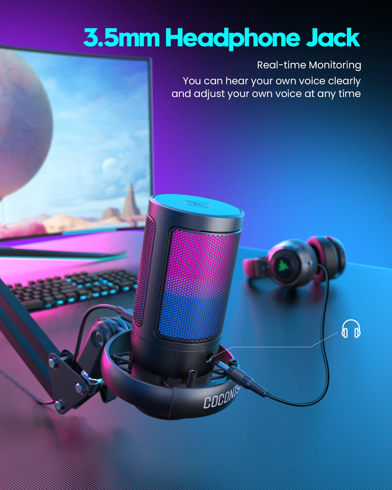 Gaming Microphone, USB PC Mic for Podcasts Videos, Streaming, Condenser Mic with Quick Mute, Tripod Stand, Pop Filter, RGB Indicator, Shock Mount, Rotate gain button, Compatible with PS4/5/PC With Boom Arm
