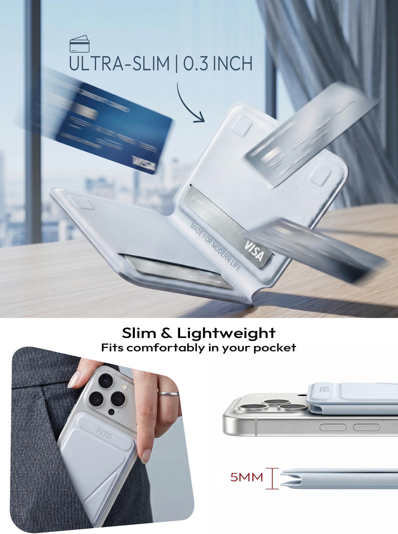FITO for MagSafe Wallet Stand, 3 Card Holder, RFID Blocking, Magnetic Phone Wallet for iPhone 17e/17/16/15/14/13/12 (Not for 13/12 Mini) Sky Blue