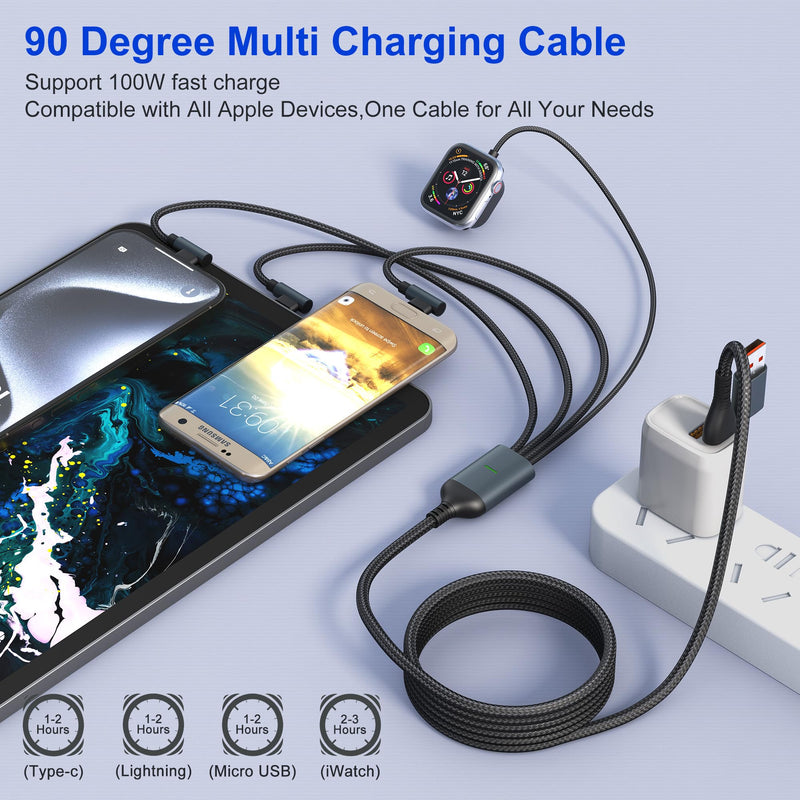 100W Multi Charging Cable 4 in 2 for Apple Watch Charger - 90 Degree Travel Watch & Phone Charger with Lightning/Type C/Micro USB Port Compatible with All iWatch iPhone MacBook iPad Galaxy S23 Black