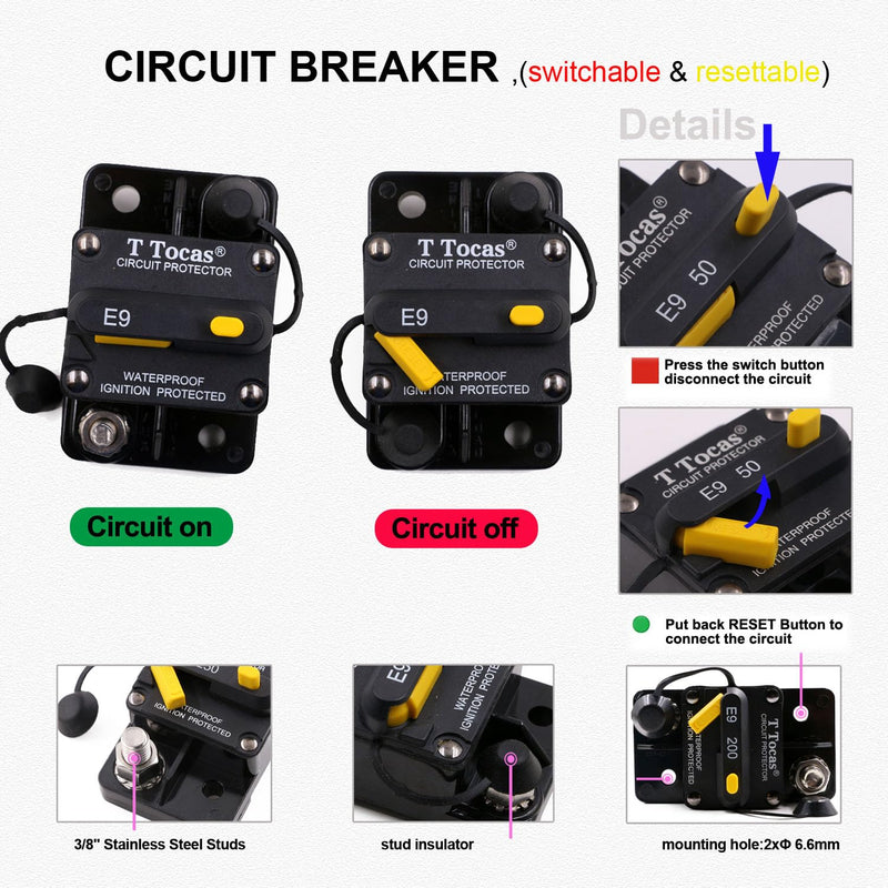 E9 3/8" Studs 300 Amp Circuit Breaker with Manual Reset | UL Certified | 12V - 48V DC | Waterproof IP67 Switchable 300A Surface-Mount