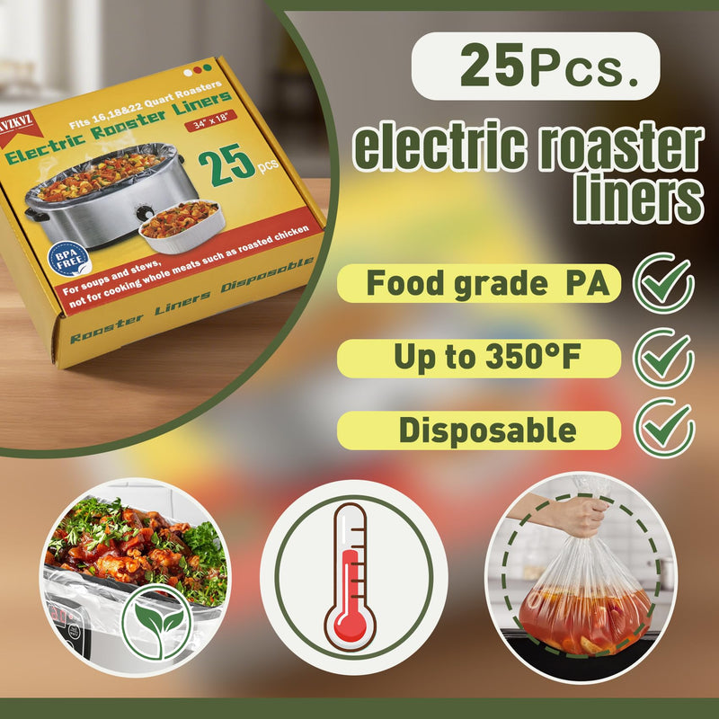 25 Count Electric Roaster Liners, Not Suitable for Baking, 34" × 18" Roaster Liners Disposable, Fits 16, 18, and 22 Quart, Up to 350° F, High Temperature Resistant Stew Cooking Bags, Food Grade Nylon 25