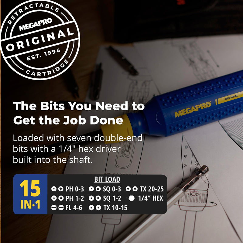MEGAPRO® 15-in-1 Original Multi-bit Screwdriver | Home DIY & Repair | Construction | Tradeswork | 14 Industrial-grade bit tips | 1/4" Hex Drive in shaft (The Original) 15-in-1 Original North American Standard