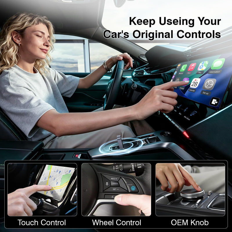 2-in-1 Wireless CarPlay & Android Auto Adapter Bluetooth 5.3 5GHz Wi-Fi | USB A and Type-C convert wired into wireless plug and play, which is suitable for iOS 10+ Android 11+.