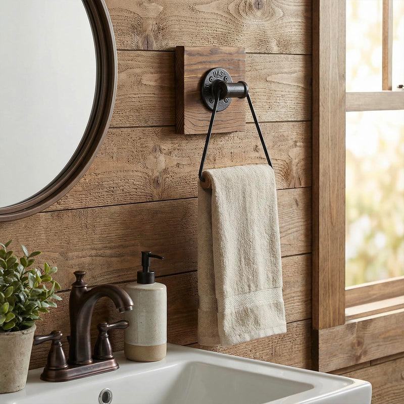 MyGift Bathroom Hand Towel Holder, Towel Rack Ring 5.5x8.7 inch for Kitchen, Laundry Room, Matte Black Industrial Metal with Rustic Solid Burnt Wood Dark Brown