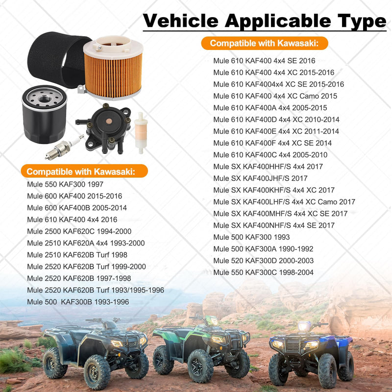 11029-1004 Air Filter 49065-2078 Oil Filter Replacement for Kawasaki Mule 500 520 550 600 610 2500 2510 2520 KAF300 KAF400 KAF620A Mule SX 4x4 XC SE with Spark Plug Fuel Pump Fuel Filter kit
