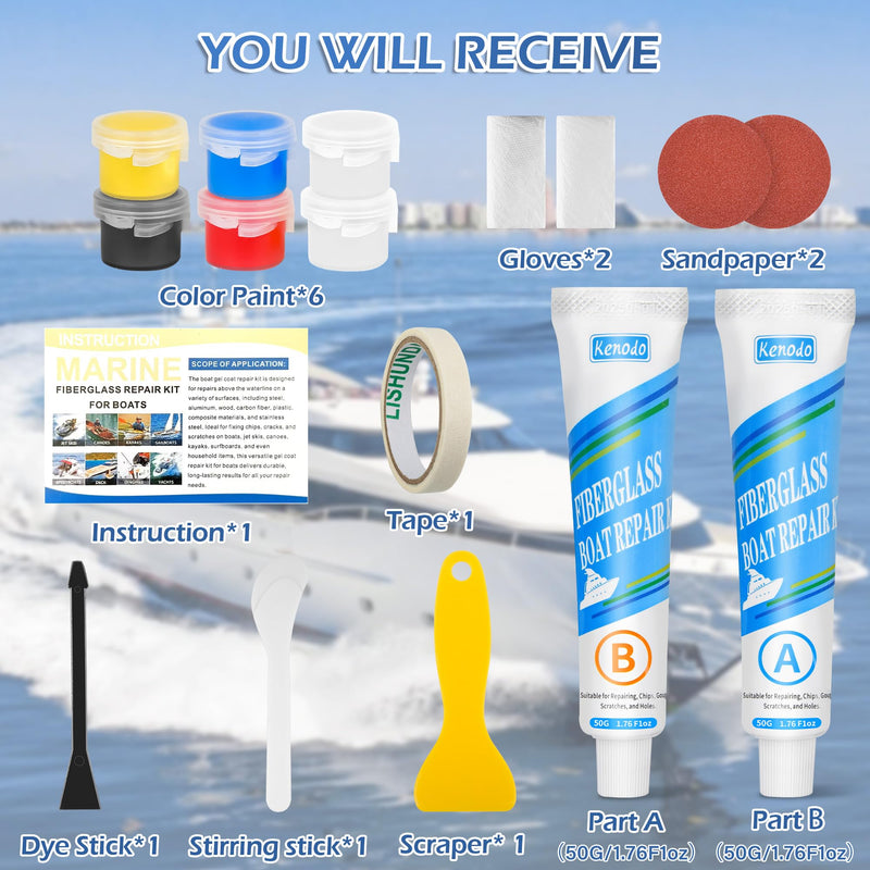 Marine Fiberglass Repair Kit for Boats, Gel Coat Kepair kit for Boats, Epoxy Filler for Repairs Cracks, Scratches, Debris, Holes, Gaps, Suitable for Fiberglass, Acrylic, Porcelain 100g-1.76oz
